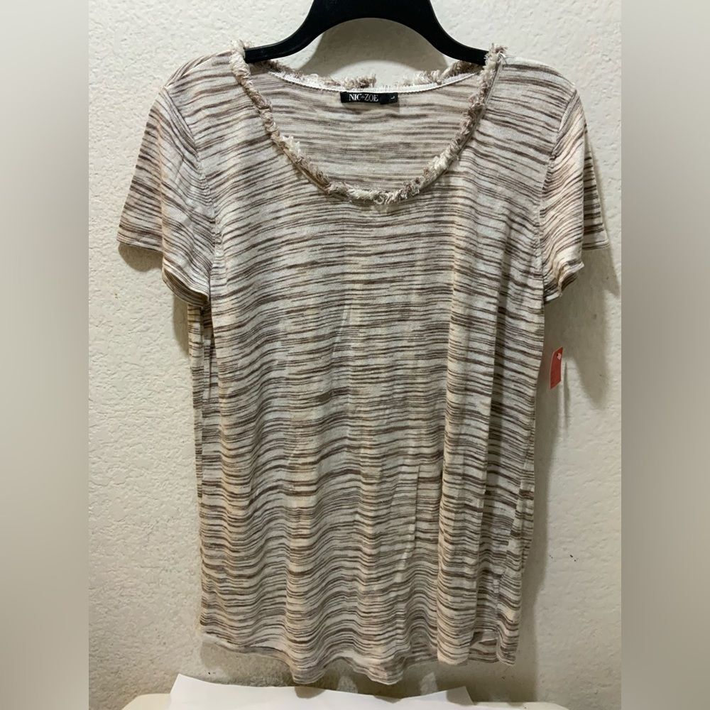 Nic & Zoe Linen Blend Marled Space Dye Fringe Shirt gray White Large